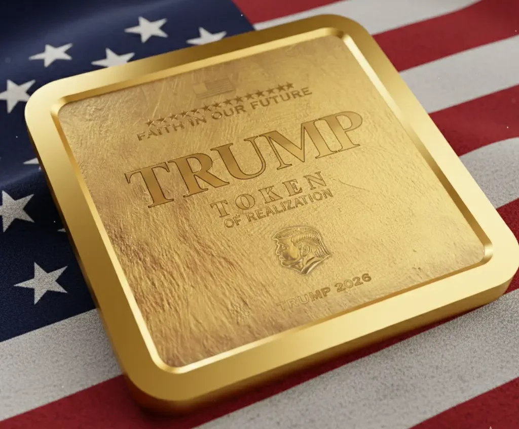 Square gold-toned Trump Token Of Realization displayed on an American flag