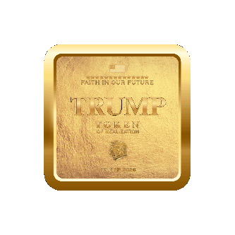 Rotating gold-toned Trump Token Of Realization with raised lettering and portrait