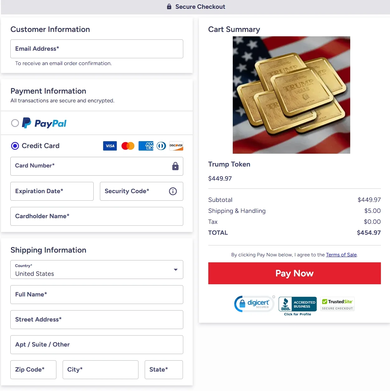 Trump Token Of Realization checkout example showing customer, payment and shipping fields with a $454.97 total